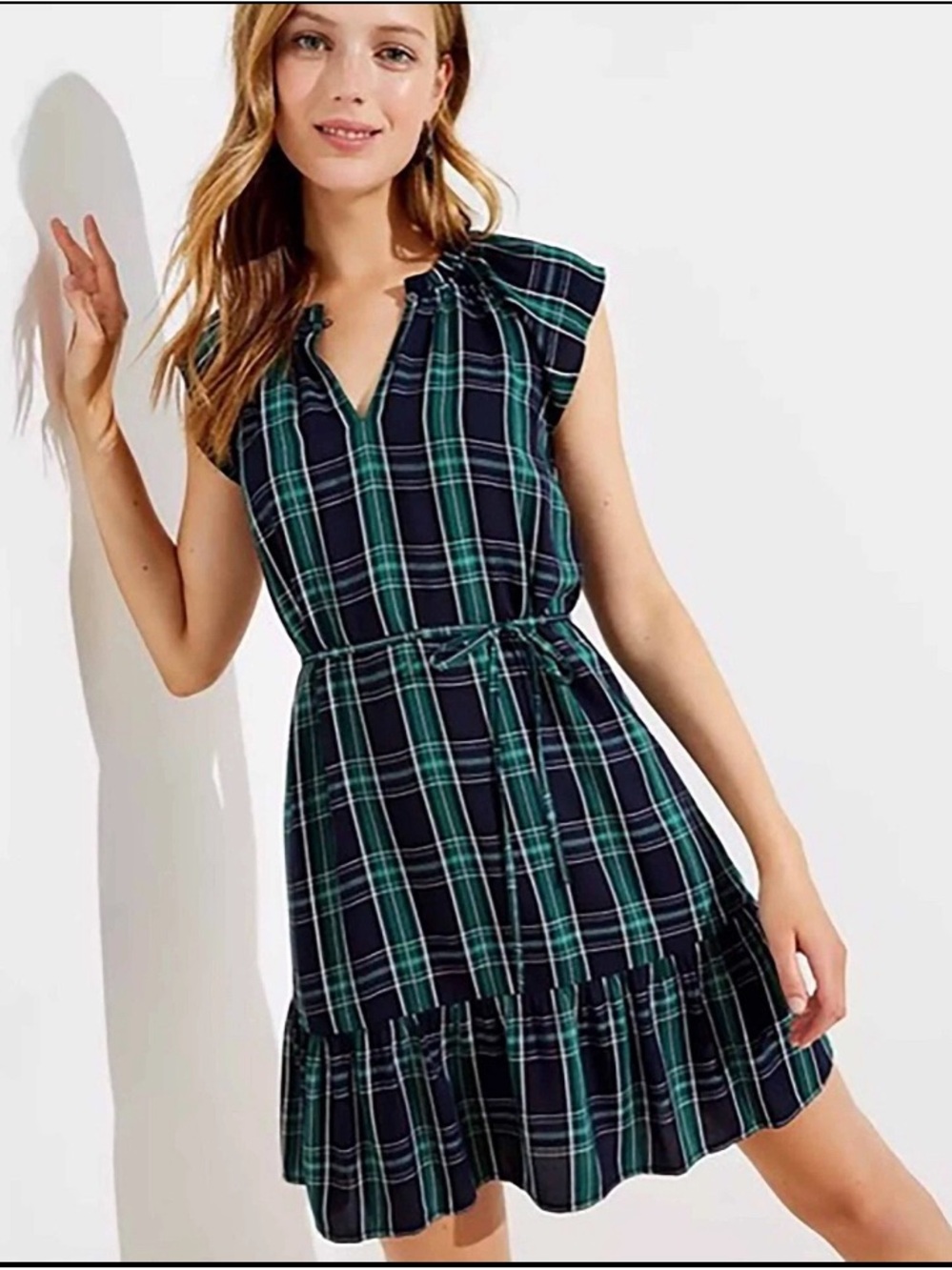 LOFT Navy and Green Plaid Tie-Waist Ruffle Mini Dress